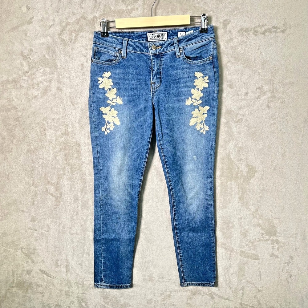 Lucky Brand‎ Jeans Floral Embroidered Low Rise Lolita Skinny Stone Wash Denim